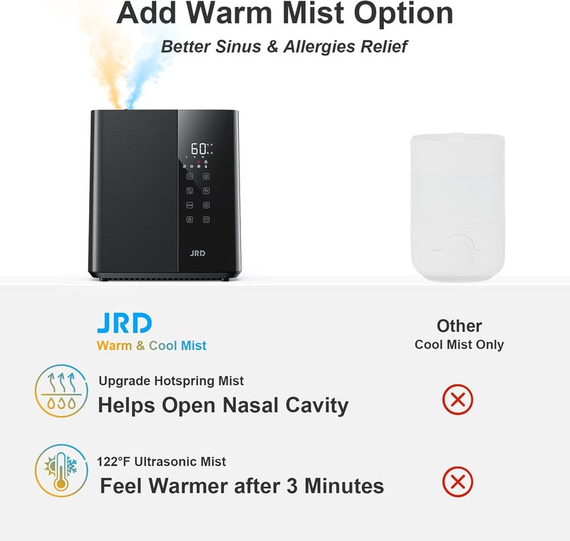 JRD Warm & Cool Mist Humidifiers for Bedroom 5L, Quiet Ultrasonic Air Humidifier Fast Symptom Relief, 50H Runtime, Oil Diffuser, 12H Timer, 7 Color Light for Large Room, Office, Baby, Plants-Black - Image 2